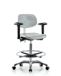 Class 100 Polyurethane Clean Room Chair - High Bench Height with Adjustable Arms, Chrome Foot Ring, & Casters in Gray Polyurethane NCR-PHBCH-CR-T0-A1-CF-CC-GRY