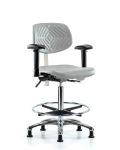 Class 100 Polyurethane Clean Room Chair - High Bench Height with Adjustable Arms, Chrome Foot Ring, & Stationary Glides in Gray Polyurethane NCR-PHBCH-CR-T0-A1-CF-RG-GRY