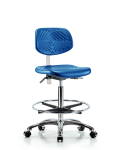 Class 100 Polyurethane Clean Room Chair - High Bench Height with Seat Tilt, Chrome Foot Ring, & Casters in Blue Polyurethane NCR-PHBCH-CR-T1-A0-CF-CC-BLU