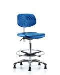 Class 100 Polyurethane Clean Room Chair - High Bench Height with Seat Tilt, Chrome Foot Ring, & Stationary Glides in Blue Polyurethane NCR-PHBCH-CR-T1-A0-CF-RG-BLU