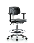 Class 100 Polyurethane Clean Room Chair - High Bench Height with Seat Tilt, Adjustable Arms, Chrome Foot Ring, & Casters in Black Polyurethane NCR-PHBCH-CR-T1-A1-CF-CC-BLK
