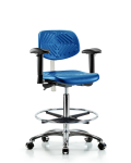 Class 100 Polyurethane Clean Room Chair - High Bench Height with Seat Tilt, Adjustable Arms, Chrome Foot Ring, & Casters in Blue Polyurethane NCR-PHBCH-CR-T1-A1-CF-CC-BLU