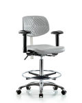 Class 100 Polyurethane Clean Room Chair - High Bench Height with Seat Tilt, Adjustable Arms, Chrome Foot Ring, & Casters in Gray Polyurethane NCR-PHBCH-CR-T1-A1-CF-CC-GRY