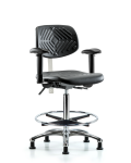 Class 100 Polyurethane Clean Room Chair - High Bench Height with Seat Tilt, Adjustable Arms, Chrome Foot Ring, & Stationary Glides in Black Polyurethane NCR-PHBCH-CR-T1-A1-CF-RG-BLK