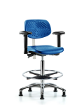 Class 100 Polyurethane Clean Room Chair - High Bench Height with Seat Tilt, Adjustable Arms, Chrome Foot Ring, & Stationary Glides in Blue Polyurethane NCR-PHBCH-CR-T1-A1-CF-RG-BLU