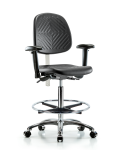 Class 100 Polyurethane Clean Room Chair - High Bench Height with Medium Back, Adjustable Arms, Chrome Foot Ring, & Casters in Black Polyurethane NCR-PHBCH-MB-CR-T0-A1-CF-CC-BLK