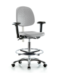 Class 100 Polyurethane Clean Room Chair - High Bench Height with Medium Back, Adjustable Arms, Chrome Foot Ring, & Casters in Gray Polyurethane NCR-PHBCH-MB-CR-T0-A1-CF-CC-GRY