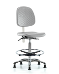 Class 100 Polyurethane Clean Room Chair - High Bench Height with Medium Back, Seat Tilt, Chrome Foot Ring, & Stationary Glides in Gray Polyurethane NCR-PHBCH-MB-CR-T1-A0-CF-RG-GRY