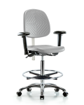 Class 100 Polyurethane Clean Room Chair - High Bench Height with Medium Back, Seat Tilt, Adjustable Arms, Chrome Foot Ring, & Casters in Gray Polyurethane NCR-PHBCH-MB-CR-T1-A1-CF-CC-GRY