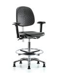 CL100 Polyurethane Clean Room Chair - High Bench Height with Medium Back, Seat Tilt, Adj Arms, Chrome Foot Ring, & Stationary Glides in Black Polyurethane NCR-PHBCH-MB-CR-T1-A1-CF-RG-BLK