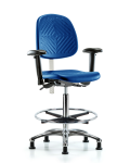 CL100 Polyurethane Clean Room Chair - High Bench Height with Medium Back, Seat Tilt, Adjustable Arms, Chrome Foot Ring, & Stationary Glides in Blue Polyurethane NCR-PHBCH-MB-CR-T1-A1-CF-RG-BLU