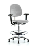 CL100 Polyurethane Clean Room Chair - High Bench Height with Medium Back, Seat Tilt, Adjustable Arms, Chrome Foot Ring, & Stationary Glides in Gray Polyurethane NCR-PHBCH-MB-CR-T1-A1-CF-RG-GRY