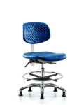 Class 10 Polyurethane Clean Room Chair - Medium Bench Height with Chrome Foot Ring & Stationary Glides in Blue Polyurethane NCR-PMBCH-CR-T0-A0-CF-RG-BLU
