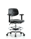 Class 100 Polyurethane Clean Room Chair - Medium Bench Height with Adjustable Arms, Chrome Foot Ring, & Casters in Black Polyurethane NCR-PMBCH-CR-T0-A1-CF-CC-BLK