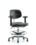 Class 100 Polyurethane Clean Room Chair - Medium Bench Height with Adjustable Arms, Chrome Foot Ring, & Stationary Glides in Black Polyurethane NCR-PMBCH-CR-T0-A1-CF-RG-BLK