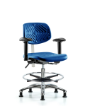 Class 100 Polyurethane Clean Room Chair - Medium Bench Height with Adjustable Arms, Chrome Foot Ring, & Stationary Glides in Blue Polyurethane NCR-PMBCH-CR-T0-A1-CF-RG-BLU