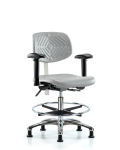 Class 100 Polyurethane Clean Room Chair - Medium Bench Height with Adjustable Arms, Chrome Foot Ring, & Stationary Glides in Gray Polyurethane NCR-PMBCH-CR-T0-A1-CF-RG-GRY