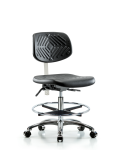Class 100 Polyurethane Clean Room Chair - Medium Bench Height with Seat Tilt, Chrome Foot Ring, & Casters in Black Polyurethane NCR-PMBCH-CR-T1-A0-CF-CC-BLK
