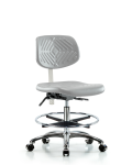 Class 100 Polyurethane Clean Room Chair - Medium Bench Height with Seat Tilt, Chrome Foot Ring, & Casters in Gray Polyurethane NCR-PMBCH-CR-T1-A0-CF-CC-GRY