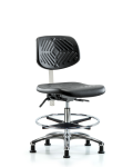 Class 100 Polyurethane Clean Room Chair - Medium Bench Height with Seat Tilt, Chrome Foot Ring, & Stationary Glides in Black Polyurethane NCR-PMBCH-CR-T1-A0-CF-RG-BLK