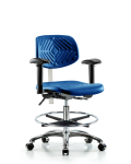 Class 100 Polyurethane Clean Room Chair - Medium Bench Height with Seat Tilt, Adjustable Arms, Chrome Foot Ring, & Casters in Blue Polyurethane NCR-PMBCH-CR-T1-A1-CF-CC-BLU