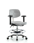 Class 100 Polyurethane Clean Room Chair - Medium Bench Height with Seat Tilt, Adjustable Arms, Chrome Foot Ring, & Casters in Gray Polyurethane NCR-PMBCH-CR-T1-A1-CF-CC-GRY