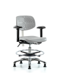 Class 100 Polyurethane Clean Room Chair - Medium Bench Height with Seat Tilt, Adjustable Arms, Chrome Foot Ring, & Stationary Glides in Gray Polyurethane NCR-PMBCH-CR-T1-A1-CF-RG-GRY