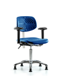 Class 100 Polyurethane Clean Room Chair - Medium Bench Height with Seat Tilt, Adjustable Arms, & Stationary Glides in Blue Polyurethane NCR-PMBCH-CR-T1-A1-NF-RG-BLU