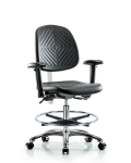 Class 100 Polyurethane Clean Room Chair - Medium Bench Height with Medium Back, Adjustable Arms, Chrome Foot Ring, & Casters in Black Polyurethane NCR-PMBCH-MB-CR-T0-A1-CF-CC-BLK