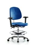 Class 100 Polyurethane Clean Room Chair - Medium Bench Height with Medium Back, Adjustable Arms, Chrome Foot Ring, & Casters in Blue Polyurethane NCR-PMBCH-MB-CR-T0-A1-CF-CC-BLU