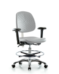 Class 100 Polyurethane Clean Room Chair - Medium Bench Height with Medium Back, Adjustable Arms, Chrome Foot Ring, & Casters in Gray Polyurethane NCR-PMBCH-MB-CR-T0-A1-CF-CC-GRY
