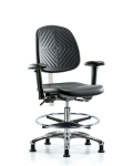 Class 100 Polyurethane Clean Room Chair - Medium Bench Height with Medium Back, Adjustable Arms, Chrome Foot Ring, & Stationary Glides in Black Polyurethane NCR-PMBCH-MB-CR-T0-A1-CF-RG-BLK