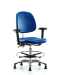 Class 100 Polyurethane Clean Room Chair - Medium Bench Height with Medium Back, Adjustable Arms, Chrome Foot Ring, & Stationary Glides in Blue Polyurethane NCR-PMBCH-MB-CR-T0-A1-CF-RG-BLU