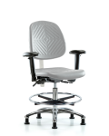 Class 100 Polyurethane Clean Room Chair - Medium Bench Height with Medium Back, Adjustable Arms, Chrome Foot Ring, & Stationary Glides in Gray Polyurethane NCR-PMBCH-MB-CR-T0-A1-CF-RG-GRY