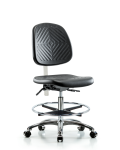 Class 100 Polyurethane Clean Room Chair - Medium Bench Height with Medium Back, Seat Tilt, Chrome Foot Ring, & Casters in Black Polyurethane NCR-PMBCH-MB-CR-T1-A0-CF-CC-BLK