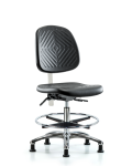Class 100 Polyurethane Clean Room Chair - Medium Bench Height with Medium Back, Seat Tilt, Chrome Foot Ring, & Stationary Glides in Black Polyurethane NCR-PMBCH-MB-CR-T1-A0-CF-RG-BLK