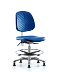 Class 100 Polyurethane Clean Room Chair - Medium Bench Height with Medium Back, Seat Tilt, Chrome Foot Ring, & Stationary Glides in Blue Polyurethane NCR-PMBCH-MB-CR-T1-A0-CF-RG-BLU