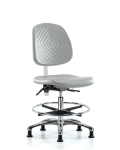Class 100 Polyurethane Clean Room Chair - Medium Bench Height with Medium Back, Seat Tilt, Chrome Foot Ring, & Stationary Glides in Gray Polyurethane NCR-PMBCH-MB-CR-T1-A0-CF-RG-GRY