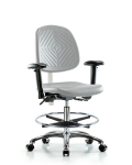 Class 100 Polyurethane Clean Room Chair - Medium Bench Height with Medium Back, Seat Tilt, Adjustable Arms, Chrome Foot Ring, & Casters in Gray Polyurethane NCR-PMBCH-MB-CR-T1-A1-CF-CC-GRY
