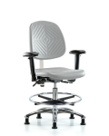 CL100 Polyurethane Clean Room Chair - Medium Bench Height with Medium Back, Seat Tilt, Adj Arms, Chrome Foot Ring, & Stationary Glides in Gray Polyurethane NCR-PMBCH-MB-CR-T1-A1-CF-RG-GRY
