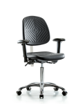 Class 100 Polyurethane Clean Room Chair - Medium Bench Height with Medium Back, Seat Tilt, Adjustable Arms, & Casters in Black Polyurethane NCR-PMBCH-MB-CR-T1-A1-NF-CC-BLK