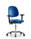 Class 100 Polyurethane Clean Room Chair - Medium Bench Height with Medium Back, Seat Tilt, Adjustable Arms, & Casters in Blue Polyurethane NCR-PMBCH-MB-CR-T1-A1-NF-CC-BLU