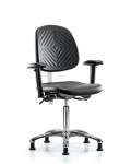 Class 100 Polyurethane Clean Room Chair - Medium Bench Height with Medium Back, Seat Tilt, Adjustable Arms, & Stationary Glides in Black Polyurethane NCR-PMBCH-MB-CR-T1-A1-NF-RG-BLK