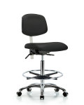 Class 100 Vinyl Clean Room Chair - High Bench Height with Chrome Foot Ring & Casters in Black Trailblazer Vinyl NCR-VHBCH-CR-T0-A0-CF-CC-8540