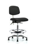 Class 100 Vinyl Clean Room Chair - High Bench Height with Chrome Foot Ring & Stationary Glides in Black Trailblazer Vinyl NCR-VHBCH-CR-T0-A0-CF-RG-8540
