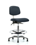 Class 100 Vinyl Clean Room Chair - High Bench Height with Chrome Foot Ring & Stationary Glides in Imperial Blue Trailblazer Vinyl NCR-VHBCH-CR-T0-A0-CF-RG-8582