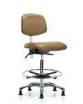 Class 100 Vinyl Clean Room Chair - High Bench Height with Chrome Foot Ring & Stationary Glides in Taupe Trailblazer Vinyl NCR-VHBCH-CR-T0-A0-CF-RG-8584