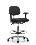 Class 100 Vinyl Clean Room Chair - High Bench Height with Adjustable Arms, Chrome Foot Ring, & Casters in Black Trailblazer Vinyl NCR-VHBCH-CR-T0-A1-CF-CC-8540