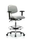 Class 100 Vinyl Clean Room Chair - High Bench Height with Adjustable Arms, Chrome Foot Ring, & Casters in Dove Trailblazer Vinyl NCR-VHBCH-CR-T0-A1-CF-CC-8567