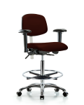 Class 100 Vinyl Clean Room Chair - High Bench Height with Adjustable Arms, Chrome Foot Ring, & Casters in Burgundy Trailblazer Vinyl NCR-VHBCH-CR-T0-A1-CF-CC-8569